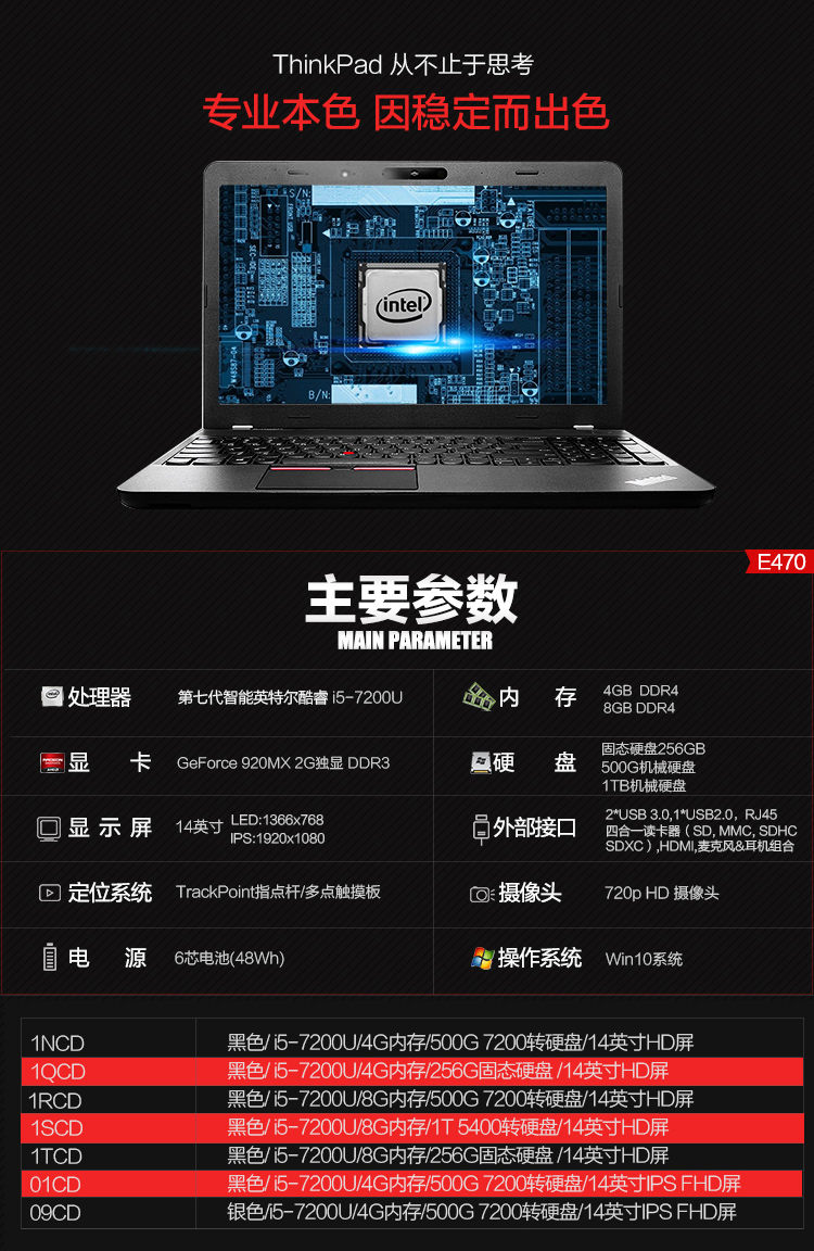 联想thinkpad e470 20h1001rcd 14英寸笔记本电脑 官方标配